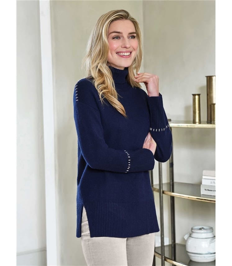 Navy | Wool Blend Sweater With Tipping | WoolOvers UK