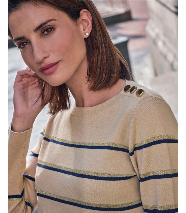 Wool Cotton Stripe & Button Sweater