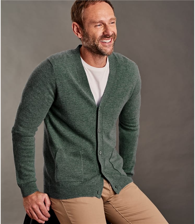 Tweed Green Mens  Cashmere Merino V  Neck  Cardigan  