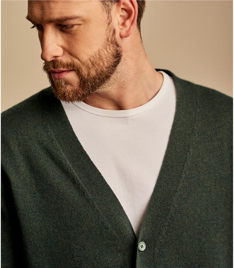 Tweed Green | Mens Cashmere & Merino V Neck Cardigan | WoolOvers AU