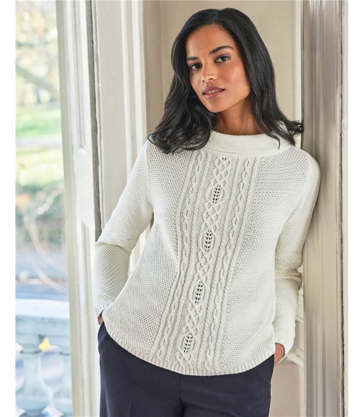 White | Cotton Bardot Cable Sweater | WoolOvers US