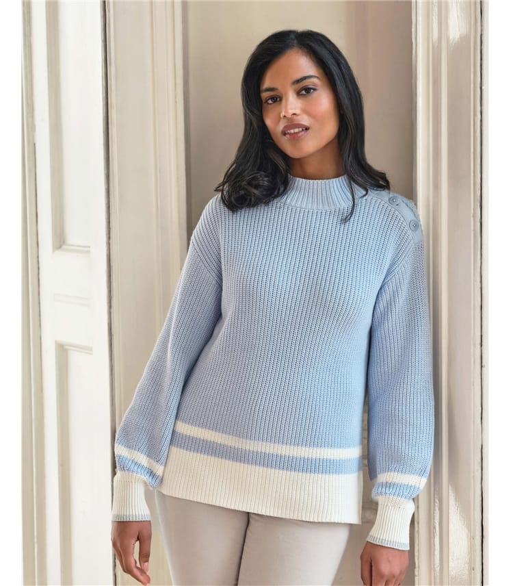 Cloud/ White | Cotton Button Shoulder Sweater | WoolOvers US