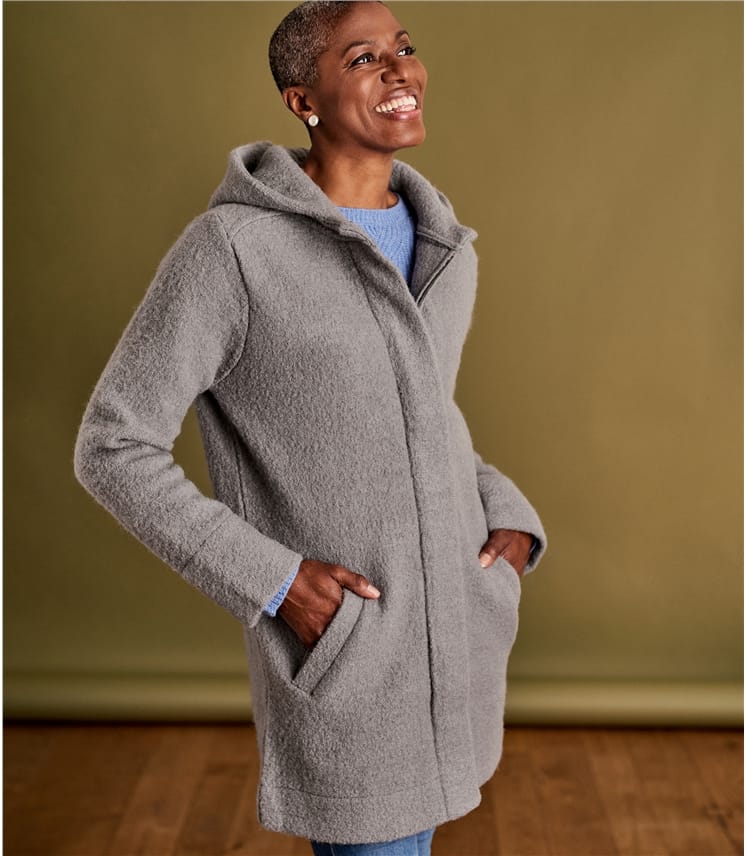 Flanellgrau | Coatigan mit Kapuze aus reiner Wolle für Damen | Woolover DE
