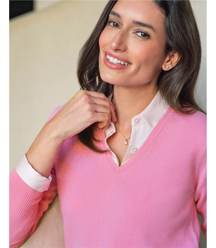 Peony Pink Cashmere V Neck Sweater WoolOvers UK