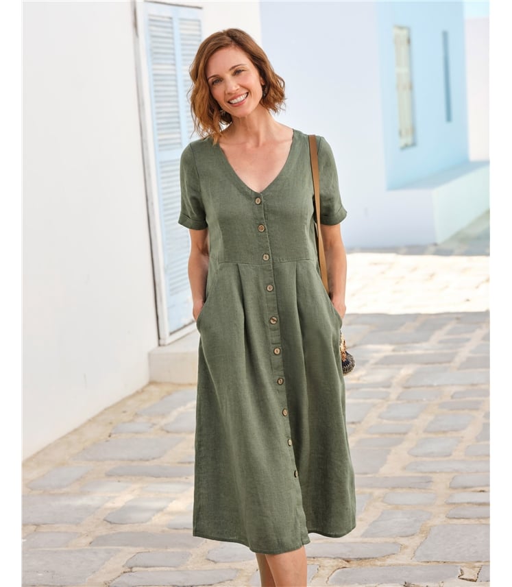 Robe boutonnée en lin à col en V - Femme