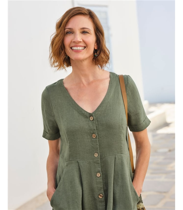 Robe boutonnée en lin à col en V - Femme