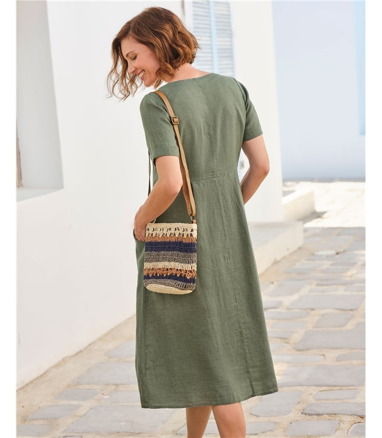 Robe boutonnée en lin à col en V - Femme