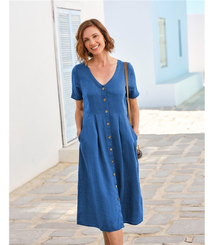 Robe boutonnée en lin à col en V - Femme