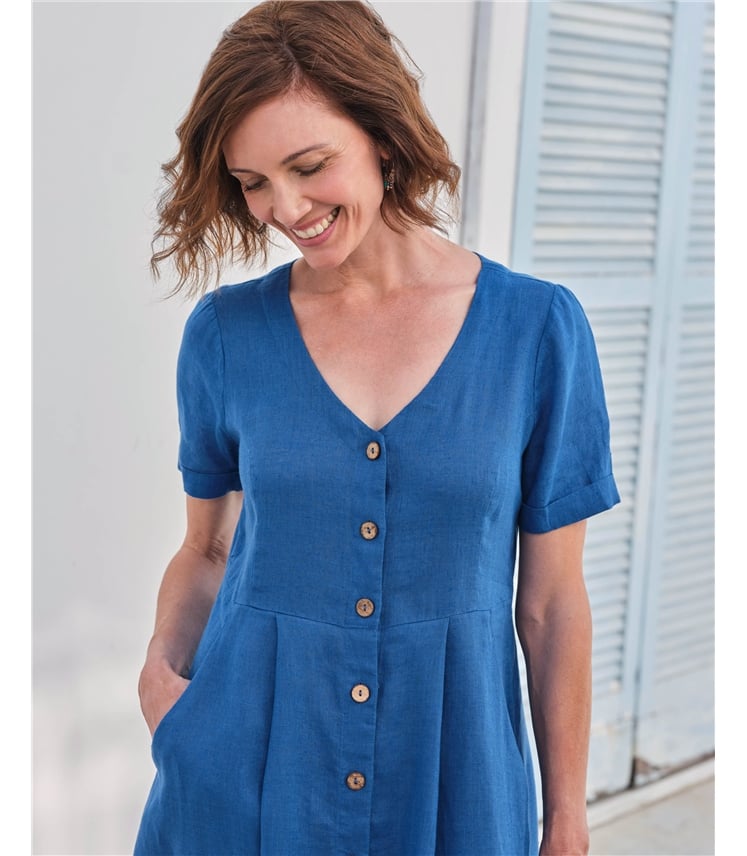 Robe boutonnée en lin à col en V - Femme