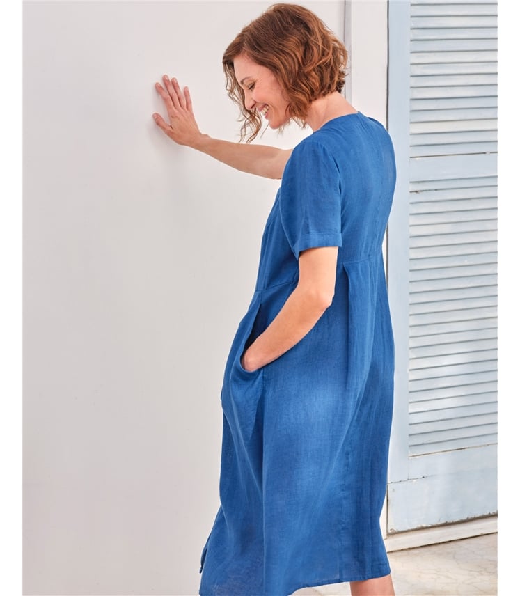 Robe boutonnée en lin à col en V - Femme