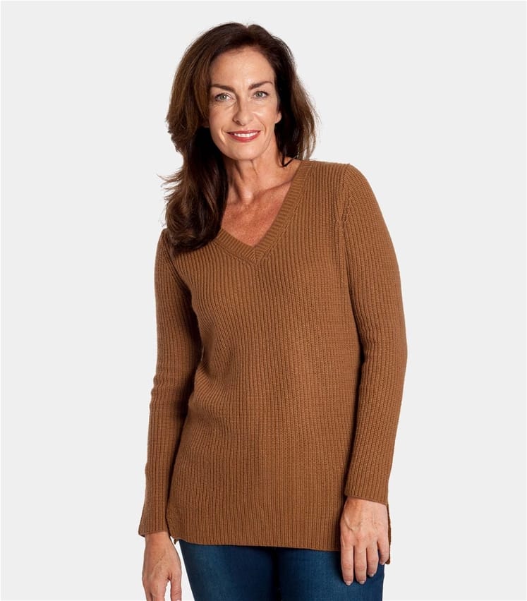 Dunkel Senfgelb Grob Gestrickter Pullover Mit V Ausschnitt Aus Merino 