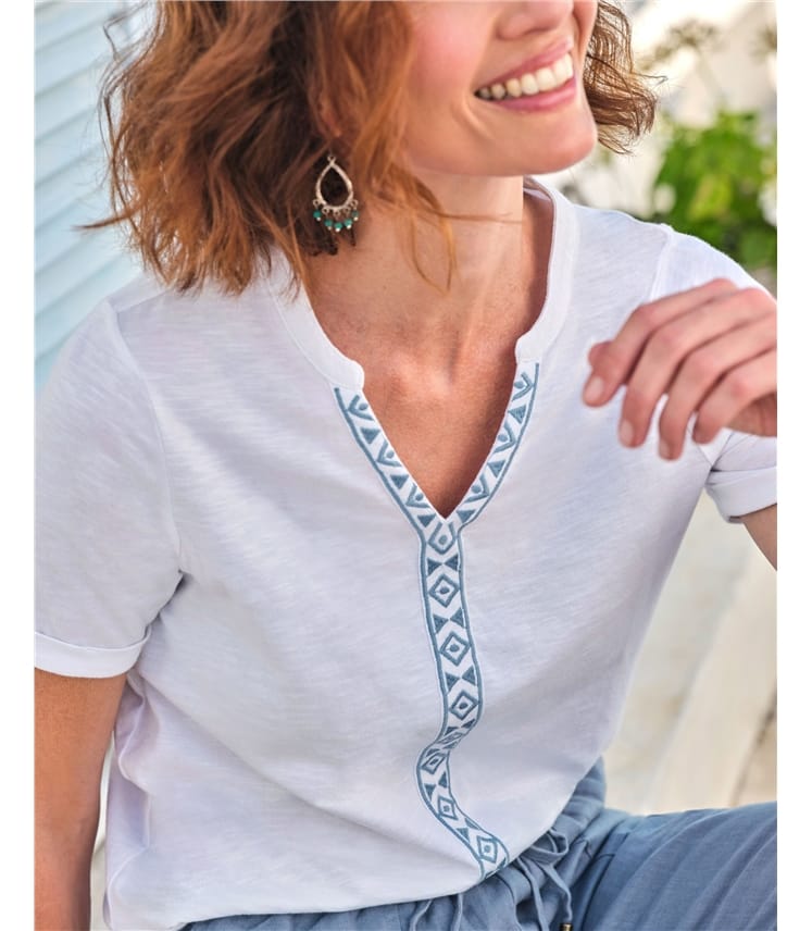 Embroidered Notch Neck Top