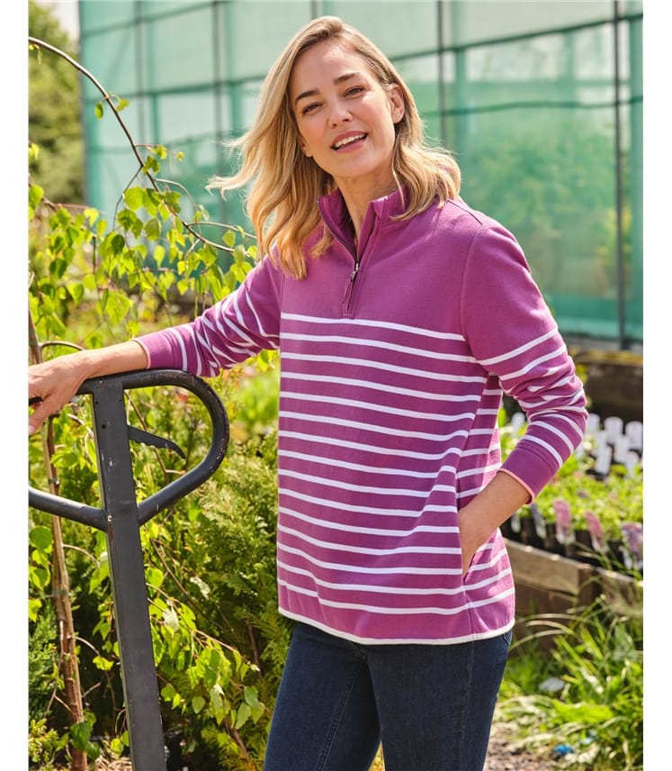 Magenta Stripe Organic Cotton Half Zip Sweatshirt WoolOvers UK