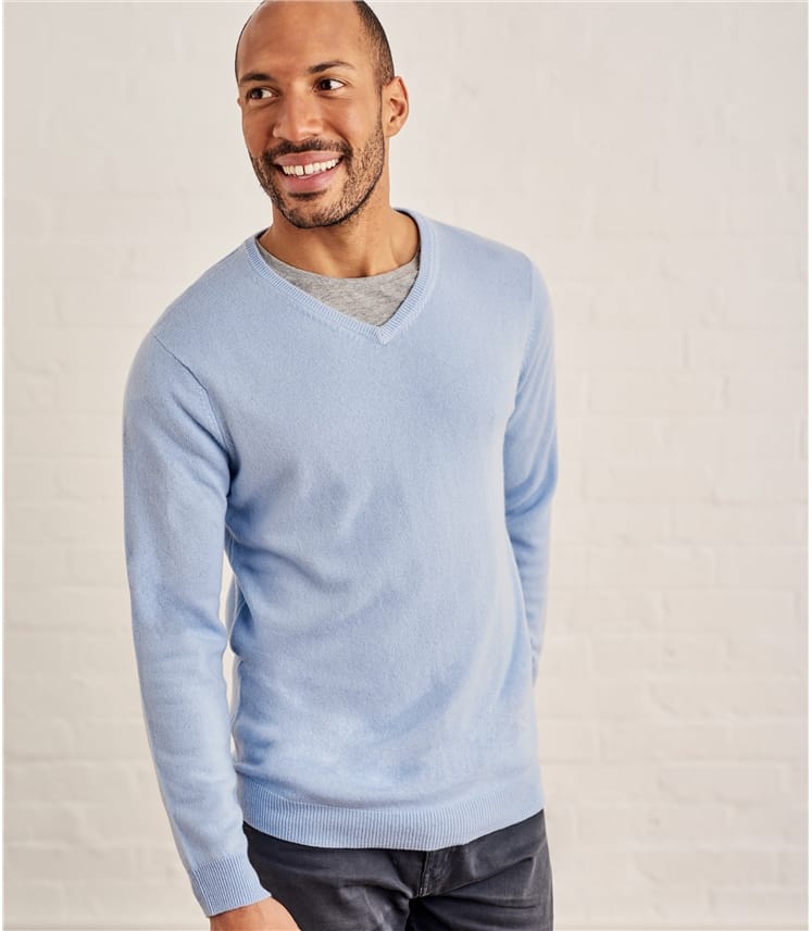 Pale Blue | Cashmere & Merino Classic V Neck Knitted Jumper | WoolOvers AU