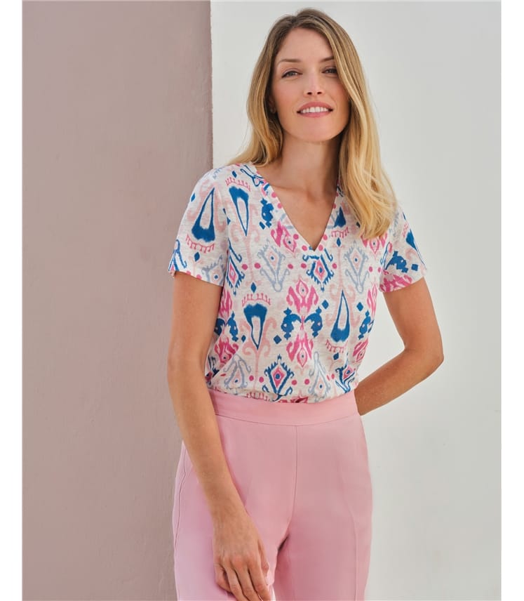 Pastel Batik | Linen Jersey V Neck T-Shirt LWR48 | WoolOvers US