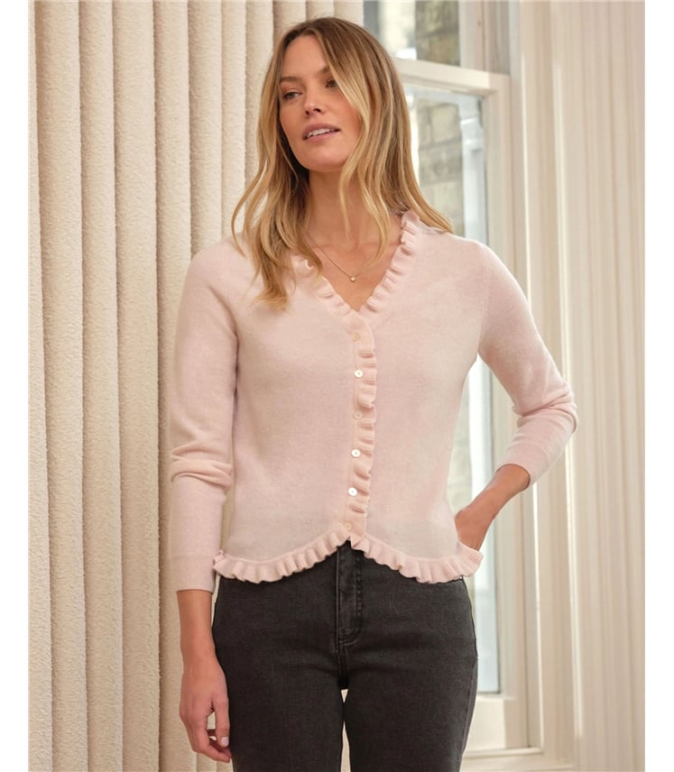 Kaschmirstrickjacke mit Rüschenkante