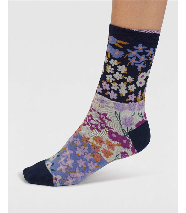 Navy, Womens Marguerite Floral Organic Cotton Socks