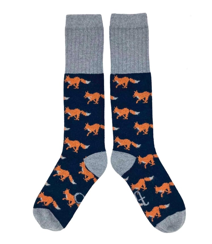 Dark Teal Running Fox | Mens Lambswool Knee Socks | WoolOvers UK