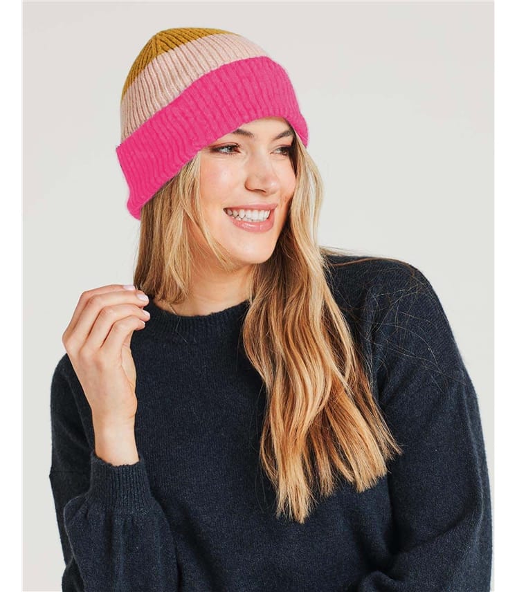 Multi | Stef Organic Cotton Fluffy Color Block Beanie Hat | WoolOvers US