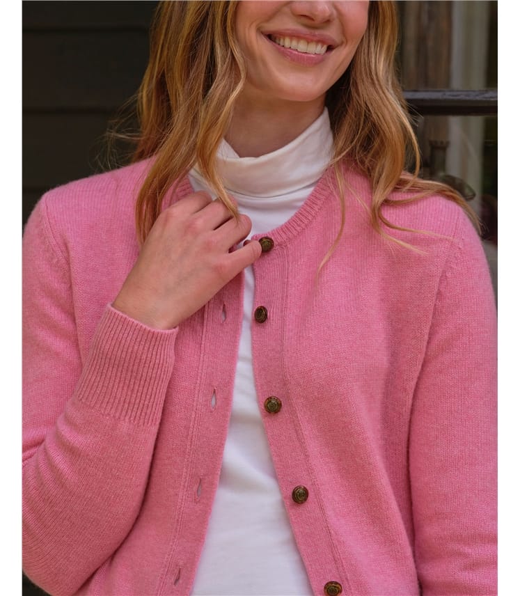 Bright Pink Marl Pure Lambswool Lambswool Ladies Crew Neck Cardigan