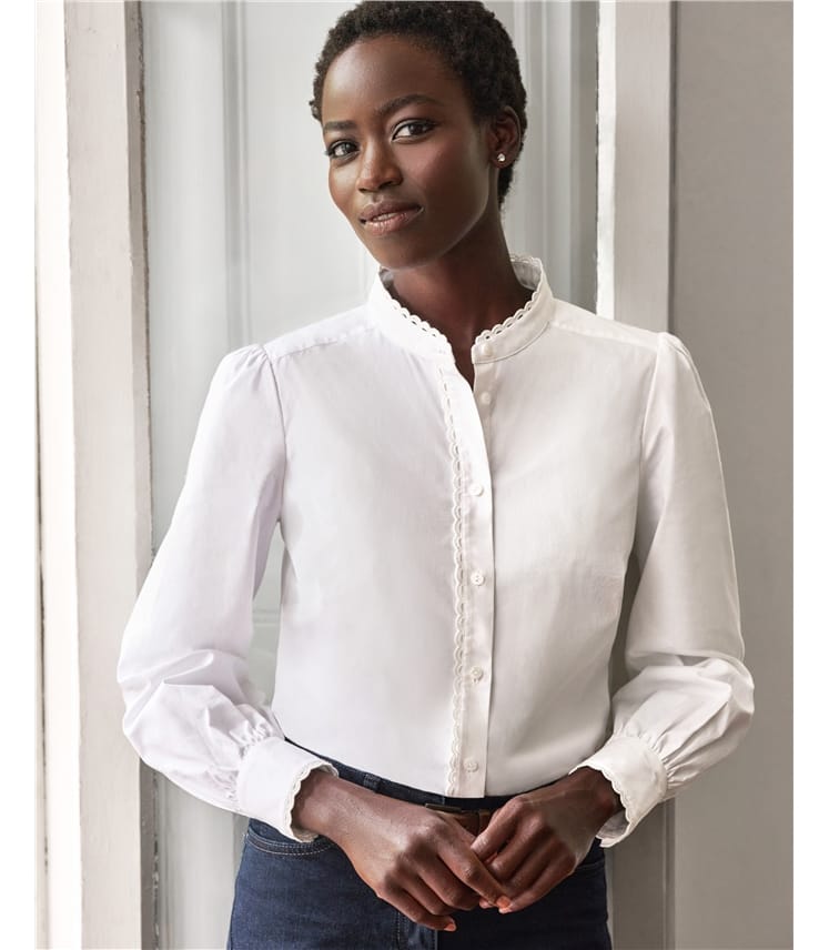 White Cotton Frill Stand Collar Shirt WoolOvers US