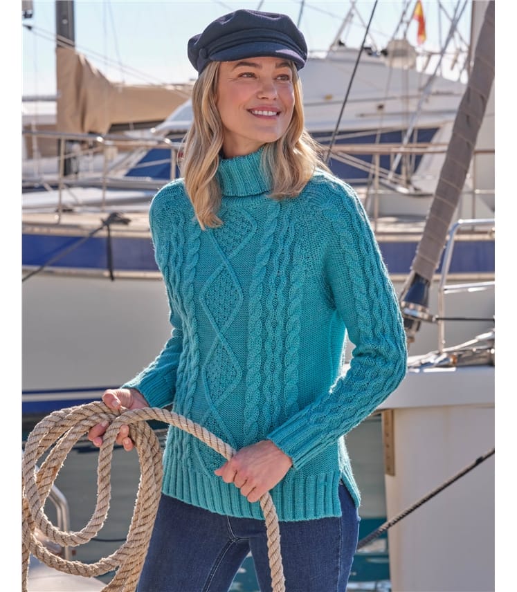 Pullover mit Aran-Zopfmuster und Rollkragen aus reiner Wolle für Damen