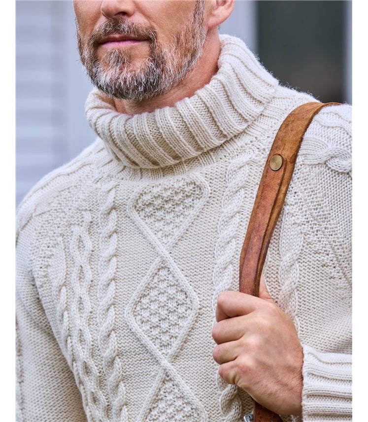 Pure Wool Knitted Aran Polo Neck Jumper