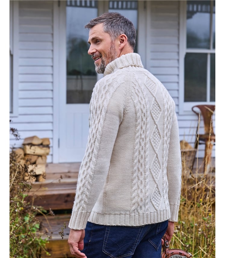 Pure Wool Knitted Aran Polo Neck Jumper