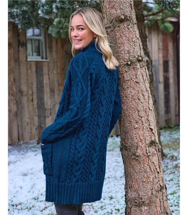 Langstrickjacke mit Aran-Zopfmuster aus reiner Wolle für Damen