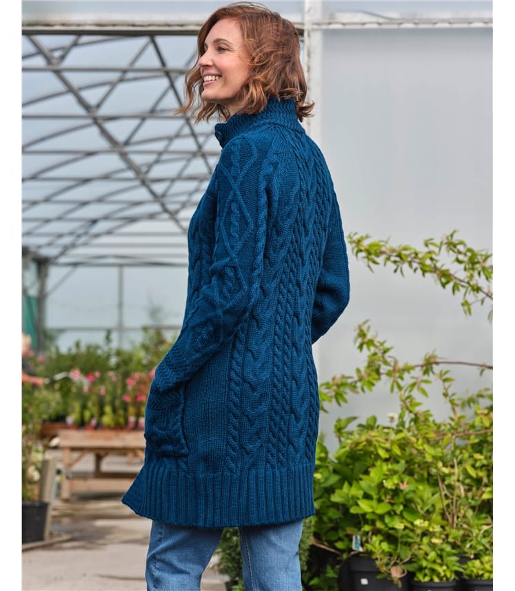 Langstrickjacke mit Aran-Zopfmuster aus reiner Wolle für Damen