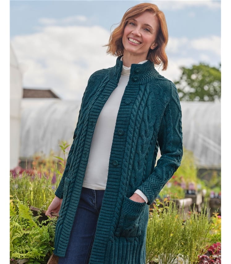 Langstrickjacke mit Aran-Zopfmuster aus reiner Wolle für Damen