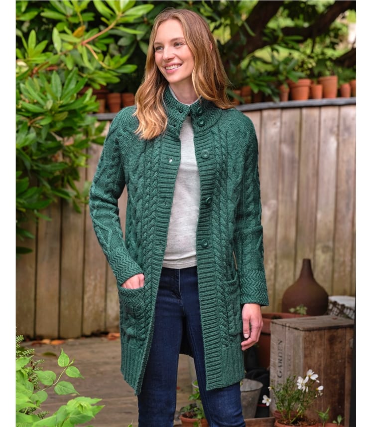 Vert fonce chine Manteau cardigan en maille irlandaise Femme Pure Laine WoolOvers FR