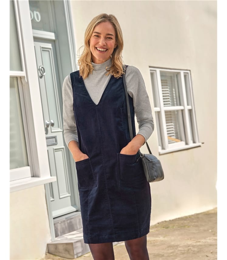 Stretch Cord V Neck Pinafore Dress