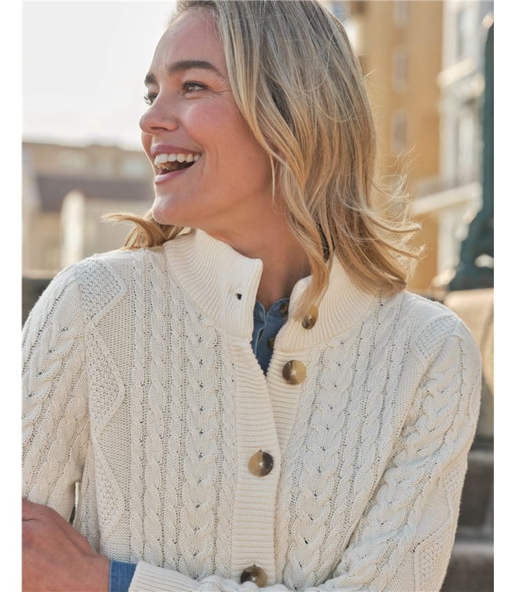 Cable Cotton Button Neck Cardigan