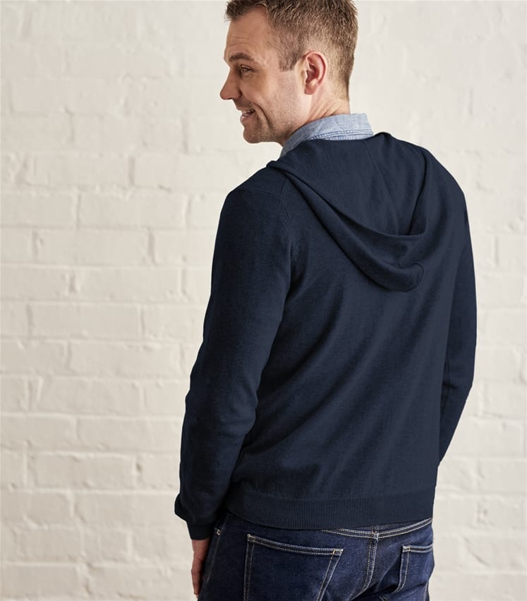 Classic Navy Mens Cashmere Cotton Zip Through Hoodie WoolOvers UK