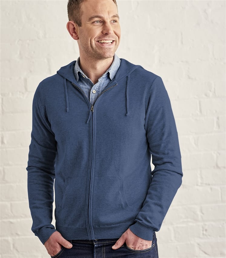 French Navy | Mens Cashmere Cotton Zip Through Hoodie | WoolOvers UK