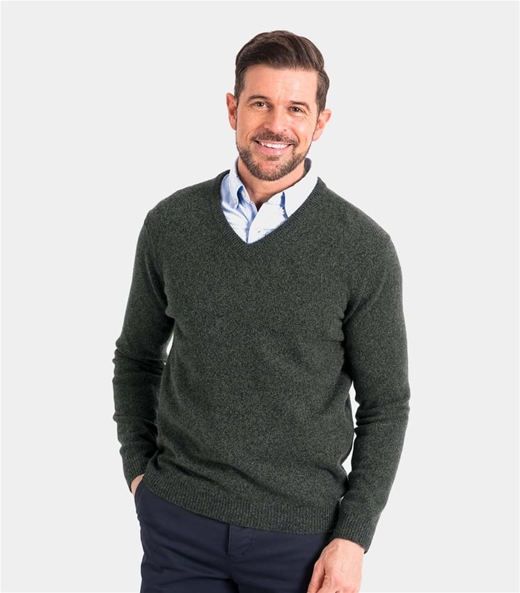 Dark Green Twist Pure Lambswool Mens Lambswool V Neck Knitted Sweater