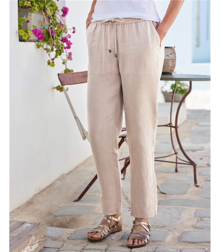 Heavy Linen Tapered Pants With Pockets, Cropped Linen Trousers
