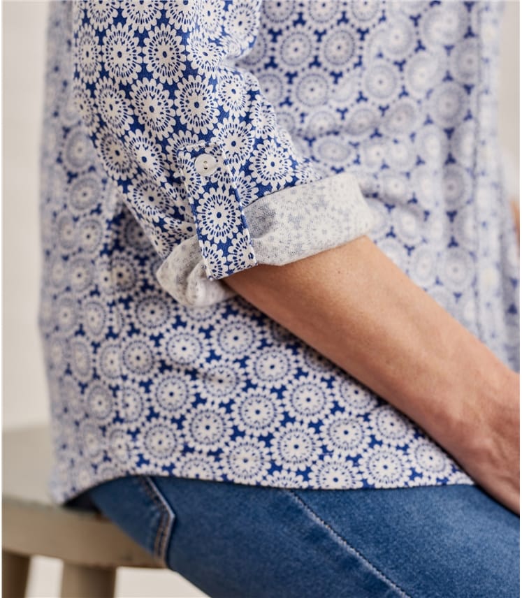 Indigo Tile Print | Womens Grandad Collar Shirt | WoolOvers UK