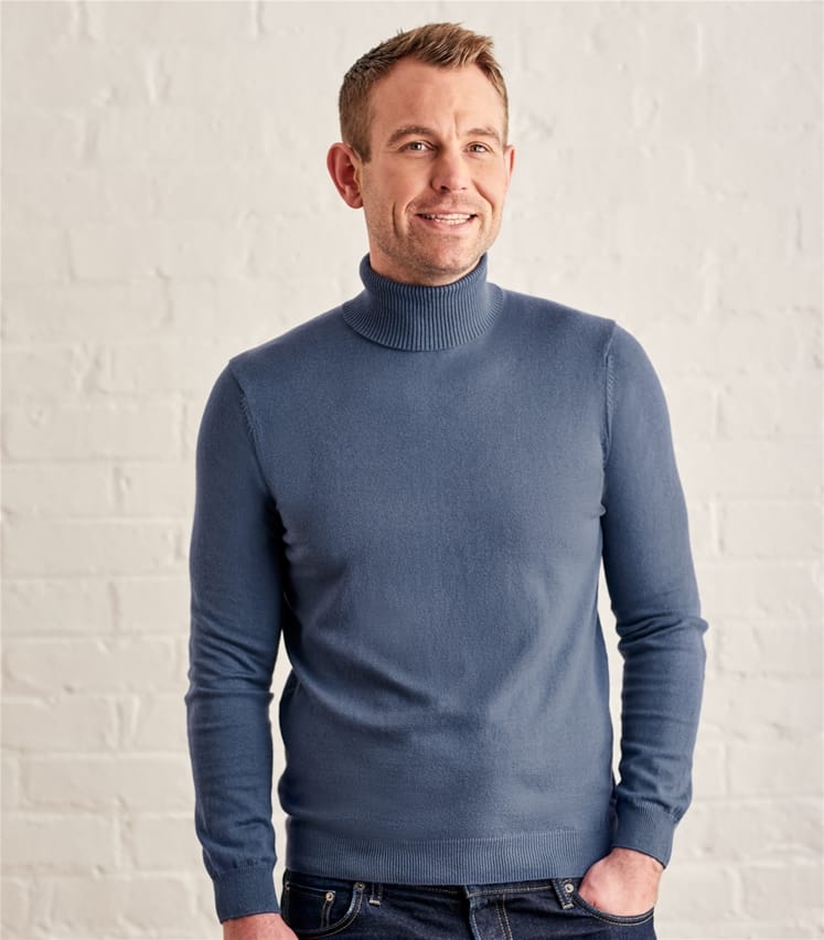 Light French Navy | Mens Silk & Cotton Polo Neck Jumper | WoolOvers AU