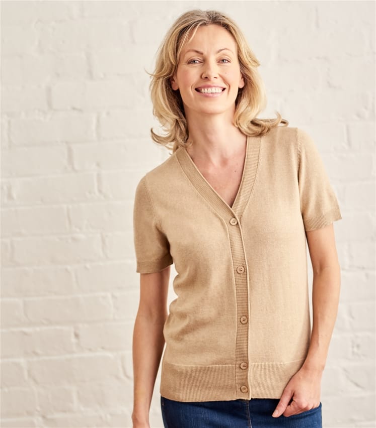 Sand | Womens Silk & Cotton Short Sleeved V-Neck Cardigan | WoolOvers UK