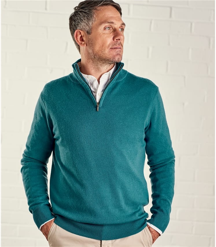 Persian Teal | Mens Cashmere & Merino Zip Neck Jumper | WoolOvers AU