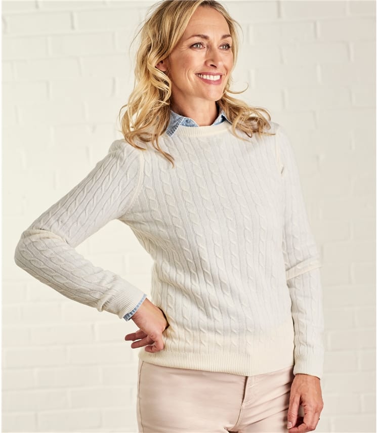 Cream | Womens Cashmere & Merino Cable Crew Neck Jumper | WoolOvers UK