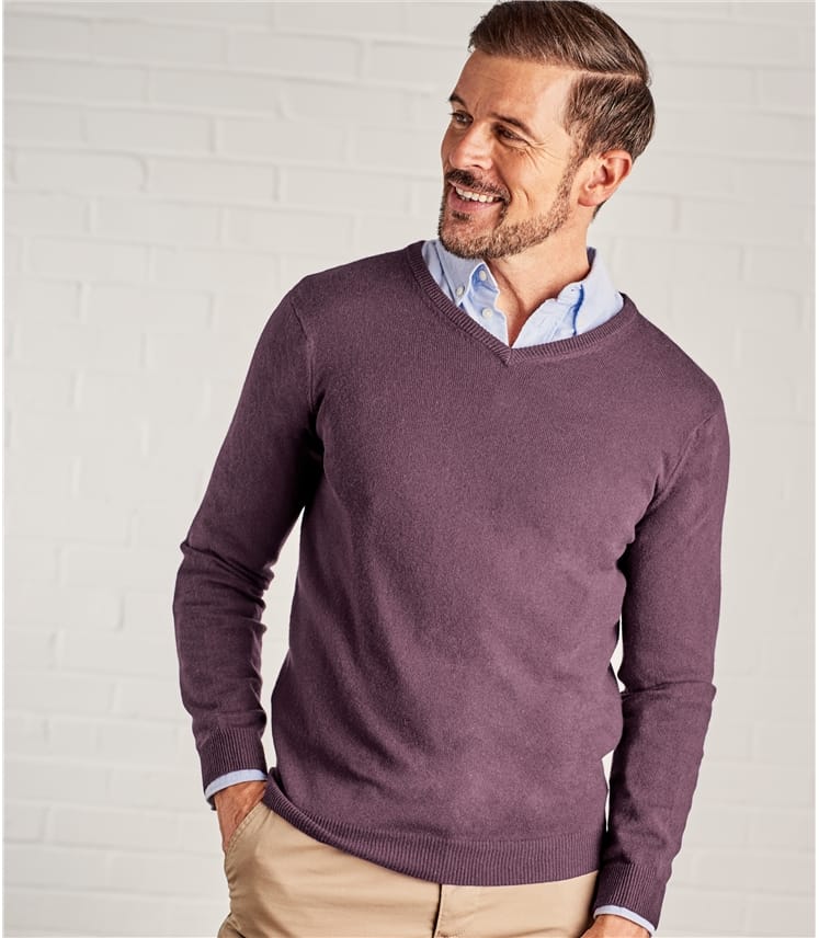 Purple Ash | Mens Cashmere & Merino V Neck Knitted Sweater | WoolOvers UK