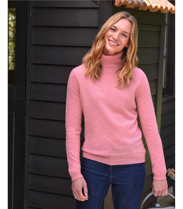 Sugar Pink Cashmere Merino Fitted Polo Neck Knitted Jumper WoolOvers UK