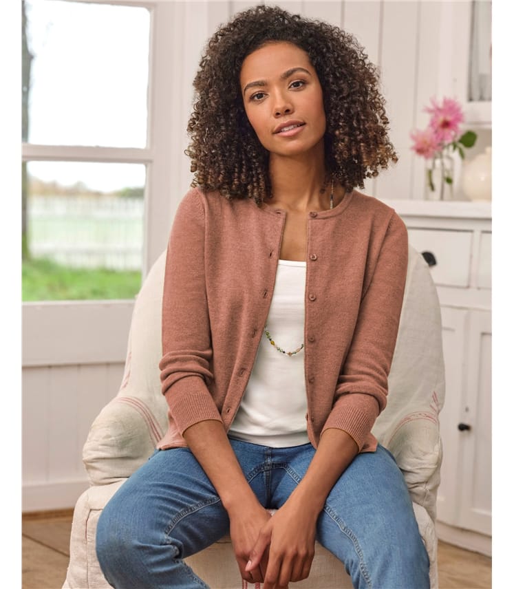 Strickjacke mit Rundhalsausschnitt aus Merino- und Kaschmirwolle für Damen