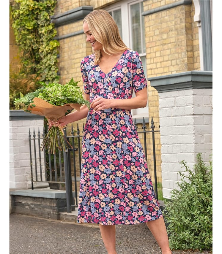 Gathered Sleeve V Neck Midi Tea Dress
