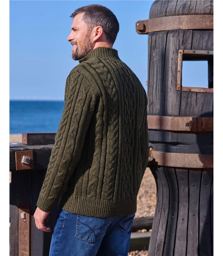 Pure Wool Knitted Aran Cable Zip Neck Jumper