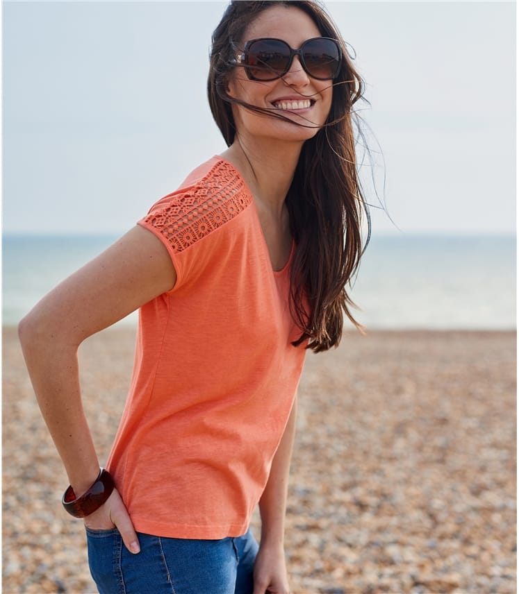 Coral Womens Crochet Sleeve TShirt WoolOvers UK