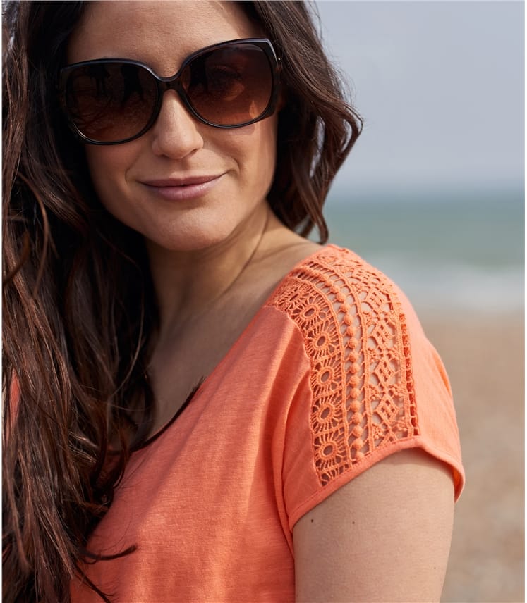 Coral Womens Crochet Sleeve TShirt WoolOvers US